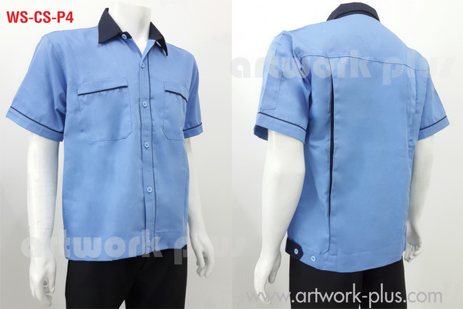 เสื้อช็อปสำเร็จรูป, แบบเสื้อพนักงาน, เสื้อพนักงานแขนสั้น, แบบเสื้อช็อป, ,เสื้อช่างโรงงาน, เสื้อพนักงานสีฟ้าแต่งสีกรมท่า, Workwear, Uniform, Men Shirt, Work Shirt,WS-CS-P4
